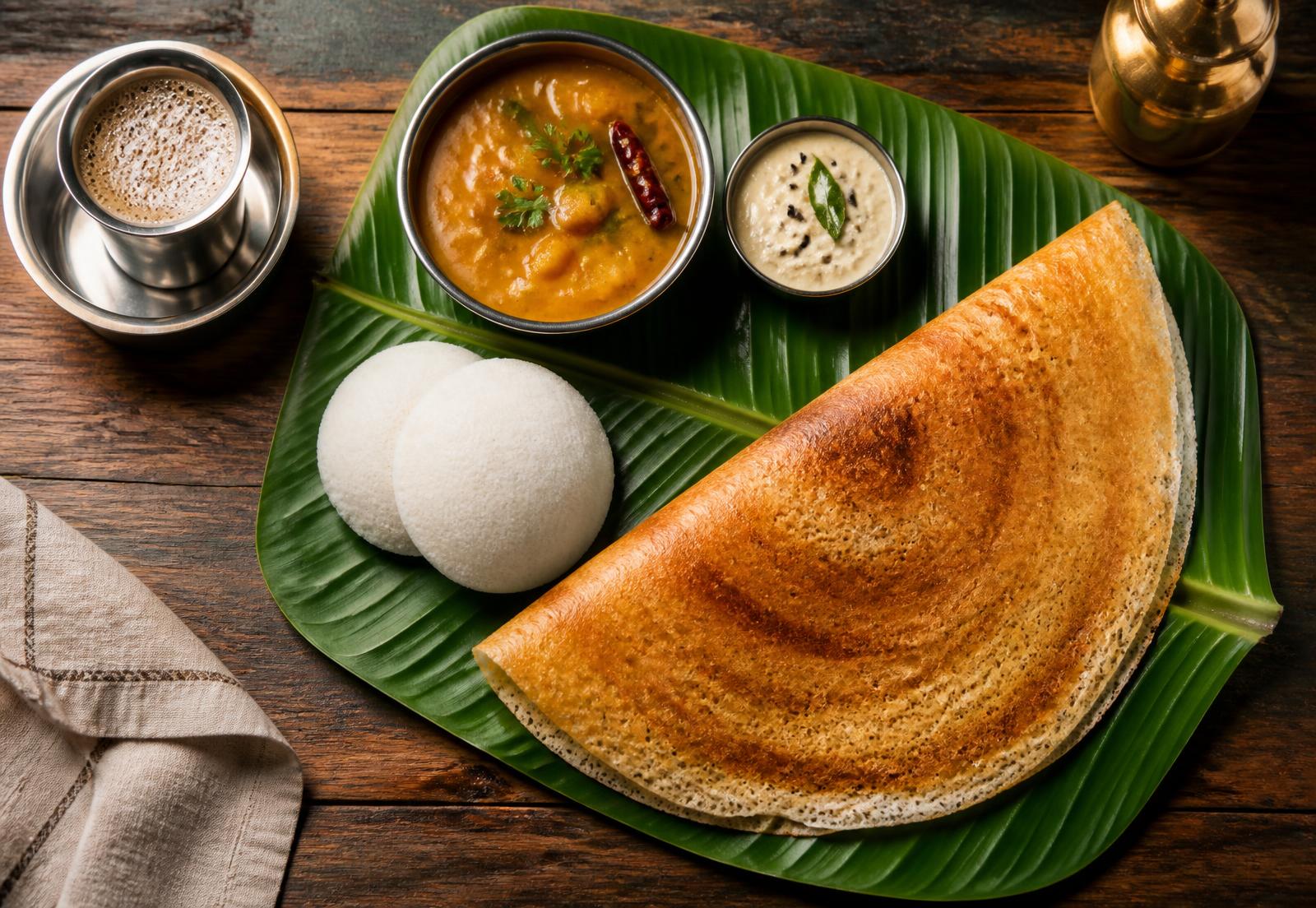 South Indian meal of dosa, idli, sambar and filter coffee on a banana leaf